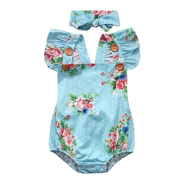 Evelyn Mint Blue Floral Romper - Picture 6 of 6